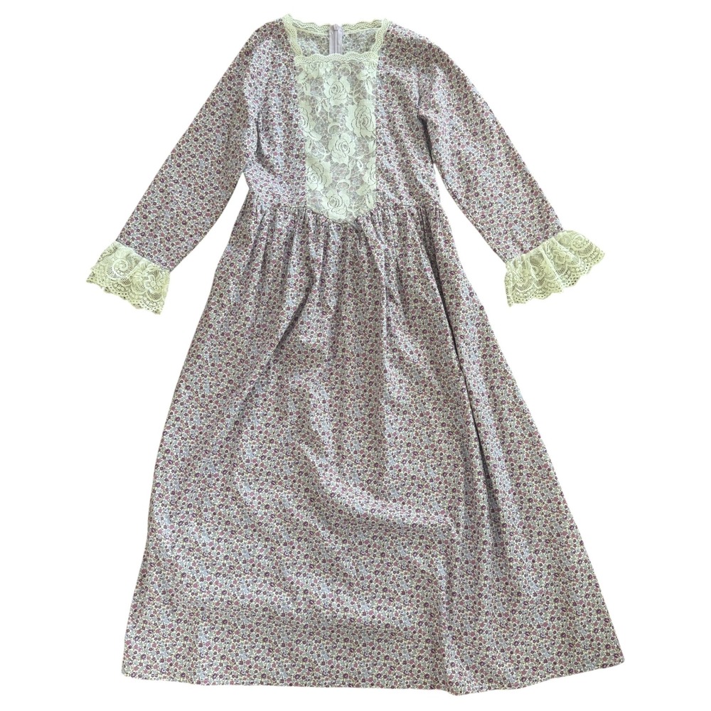 Handmade Vintage 70s Floral Prairie Dress Lace Bib Purple Calico Maxi Small